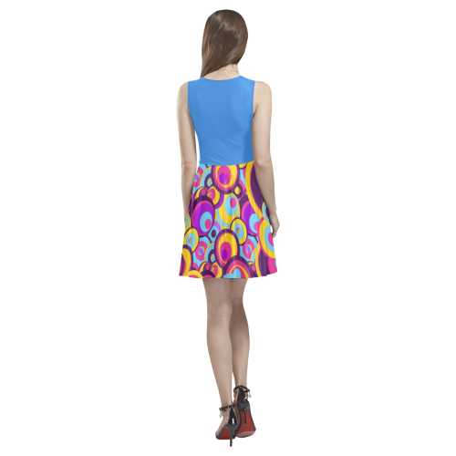 Retro Circles Groovy Violet, Yellow, Blue Colors Thea Sleeveless Skater Dress(Model D19)
