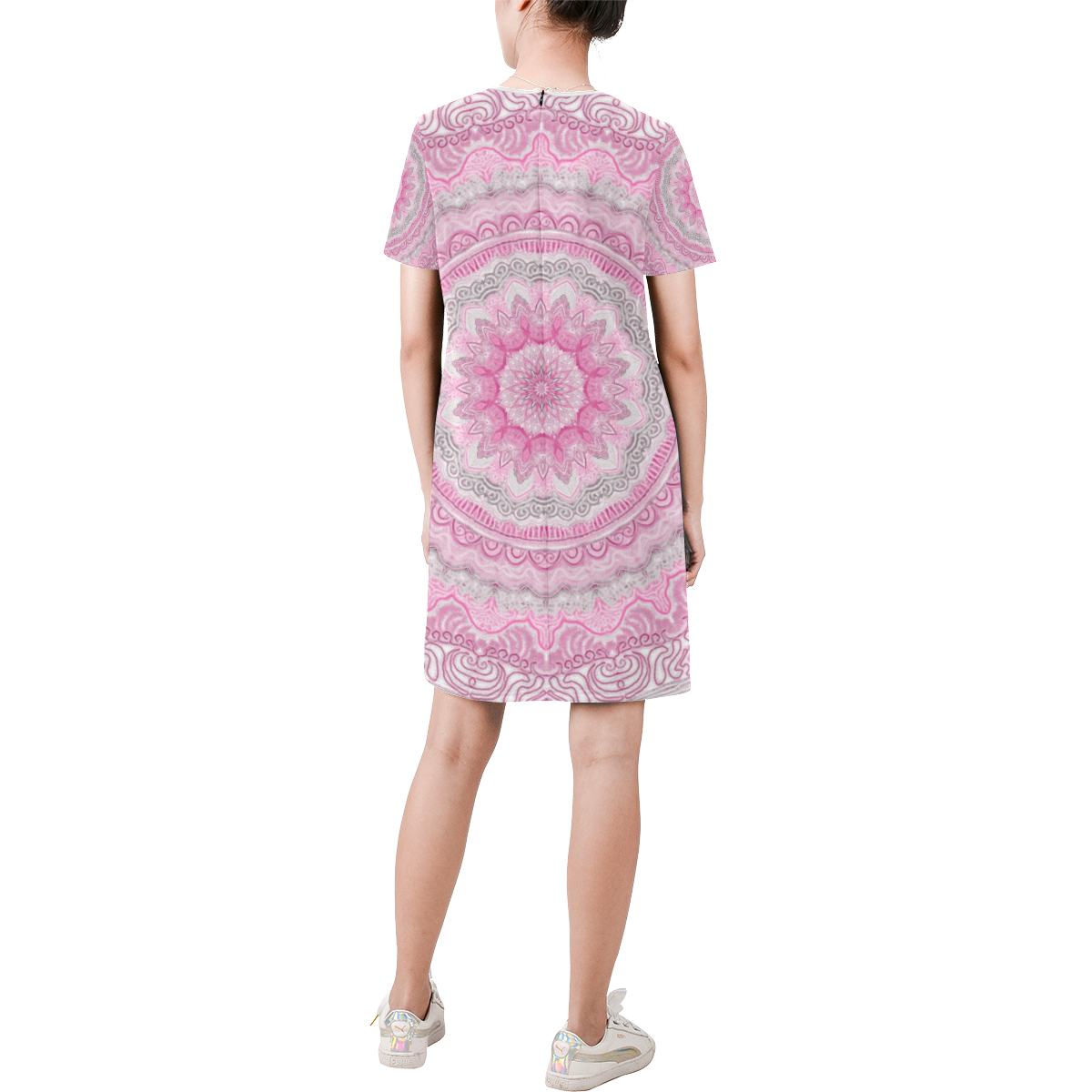 mandala neon 14 Short-Sleeve Round Neck A-Line Dress (Model D47)