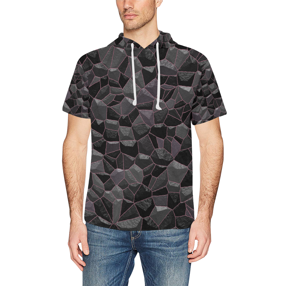 Anthracite All Over Print Short Sleeve Hoodie for Men (Model H32)