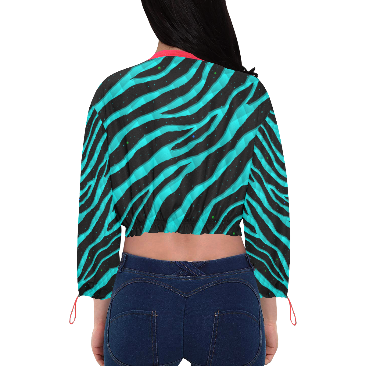 Ripped SpaceTime Stripes - Cyan Cropped Chiffon Jacket for Women (Model H30)