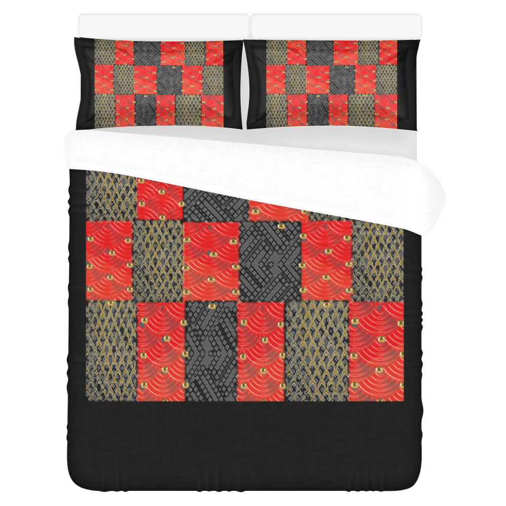 Fancy Gold pearls and red dectorative pattern by FlipStylez Designs 3-Piece Bedding Set