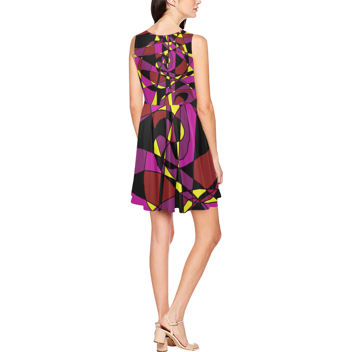 Multicolor Abstract Design S2020 Thea Sleeveless Skater Dress(Model D19)