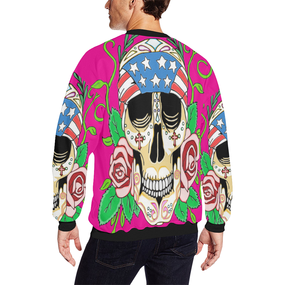 Biker Sugar Skull Pink Men's Oversized Fleece Crew Sweatshirt (Model H18)