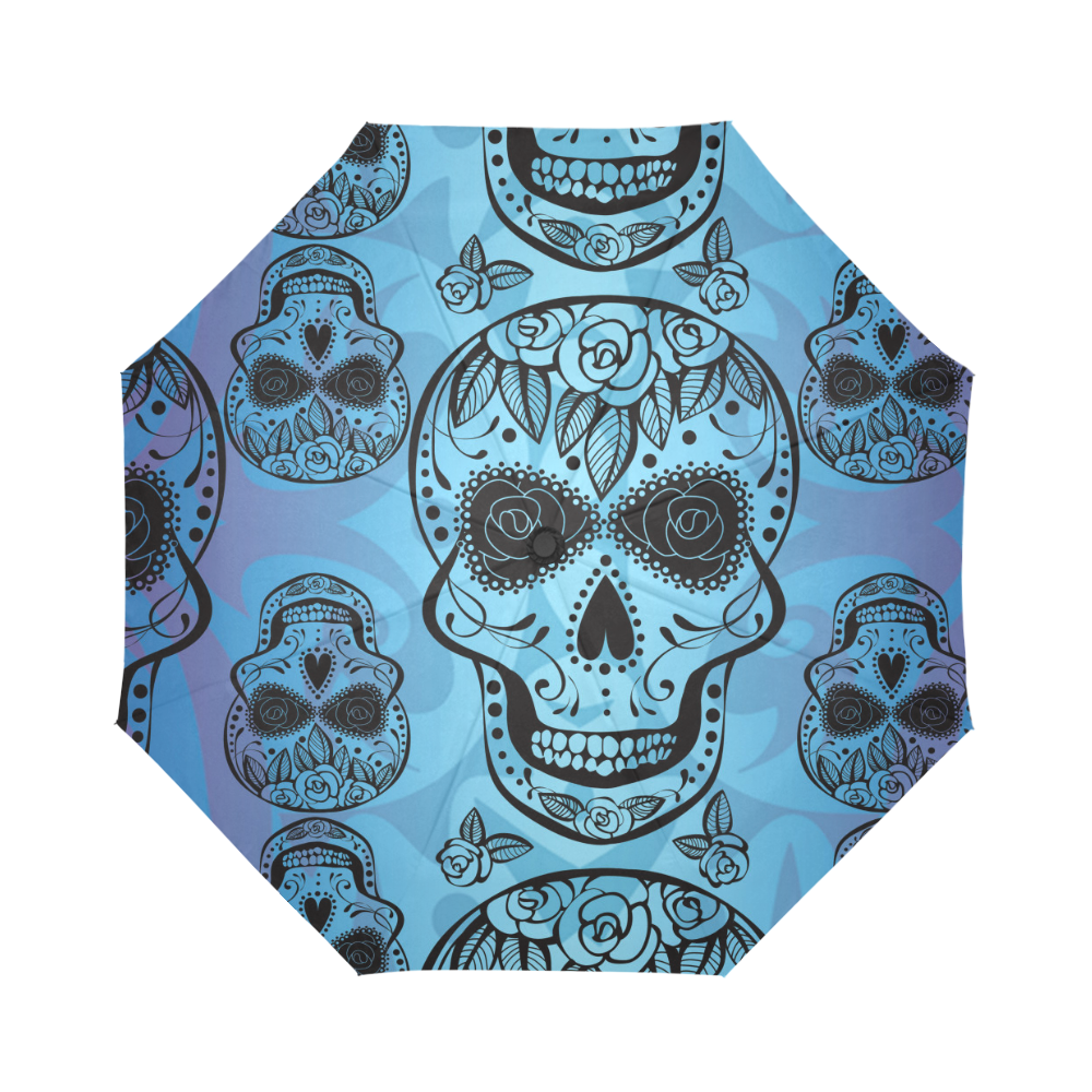 Blue-Sugar-Skull-Stripe Umbrella Auto-Foldable Umbrella (Model U04)