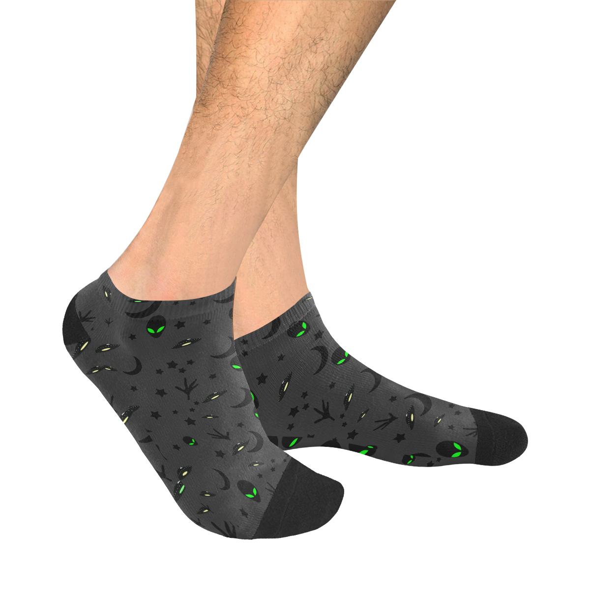 Alien Flying Saucers Stars Pattern on Charcoal Men's Ankle Socks