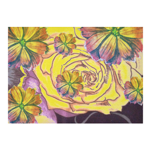 Watercolor Flowers Yellow Purple Green Cotton Linen Tablecloth 60"x 84"
