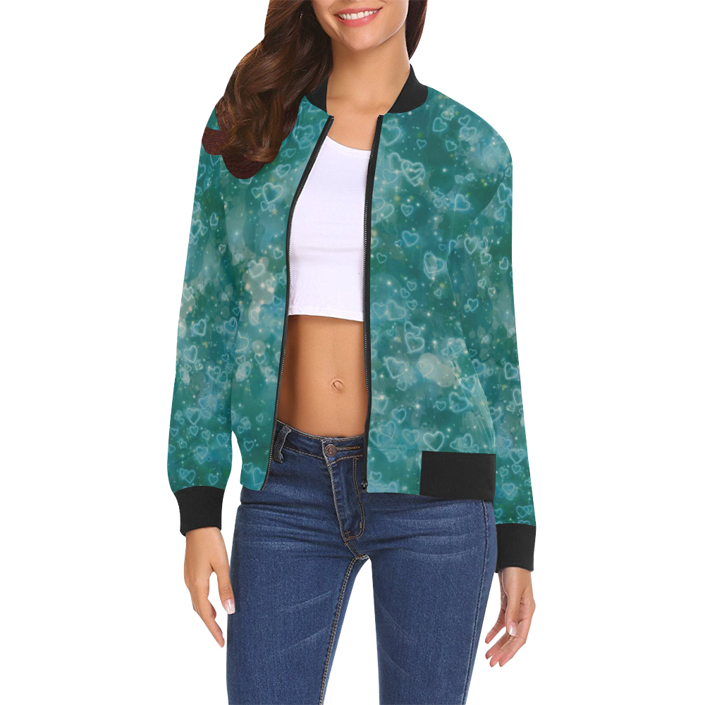 Sparkling glowing hearts E by JamColors All Over Print Bomber Jacket for Women (Model H19)