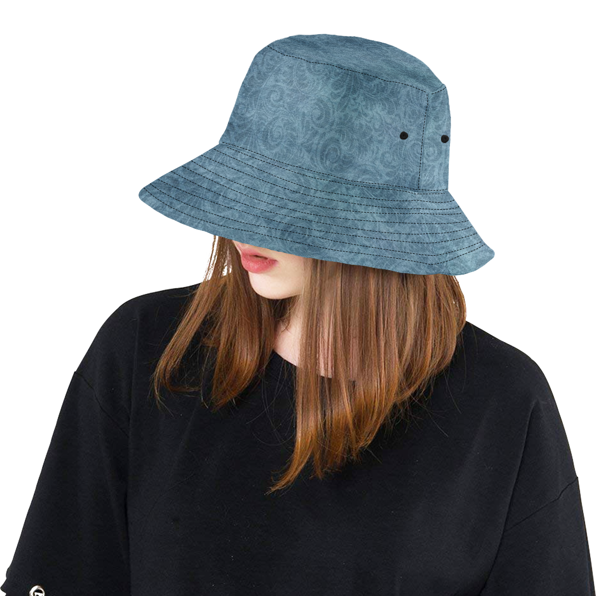 Denim with vintage floral pattern, turquoise blue All Over Print Bucket Hat