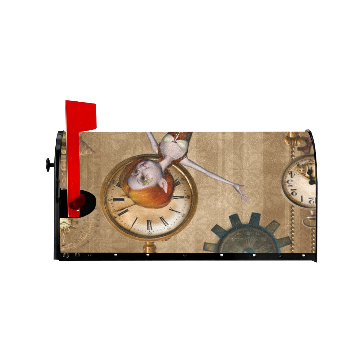 Steampunk girl, clocks and gears Mailbox Cover