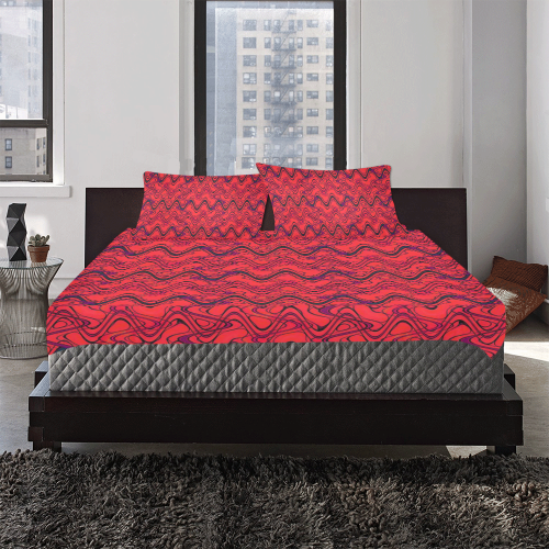Red and Black Waves pattern design 3-Piece Bedding Set