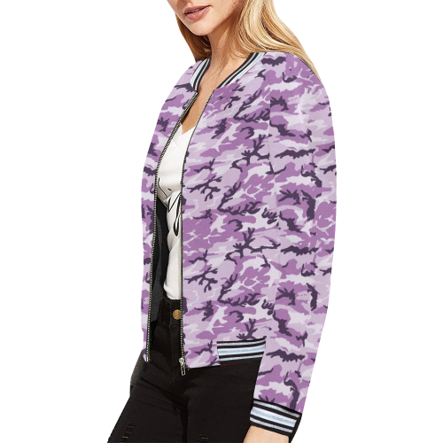 Woodland Pink Purple Camouflage All Over Print Bomber Jacket for Women (Model H21)