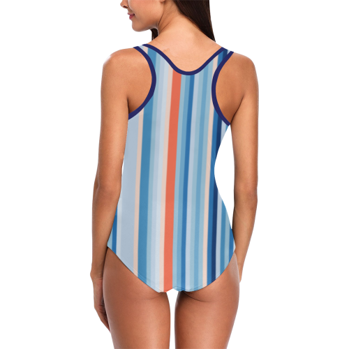 Blue and coral stripe 1 Vest One Piece Swimsuit (Model S04)