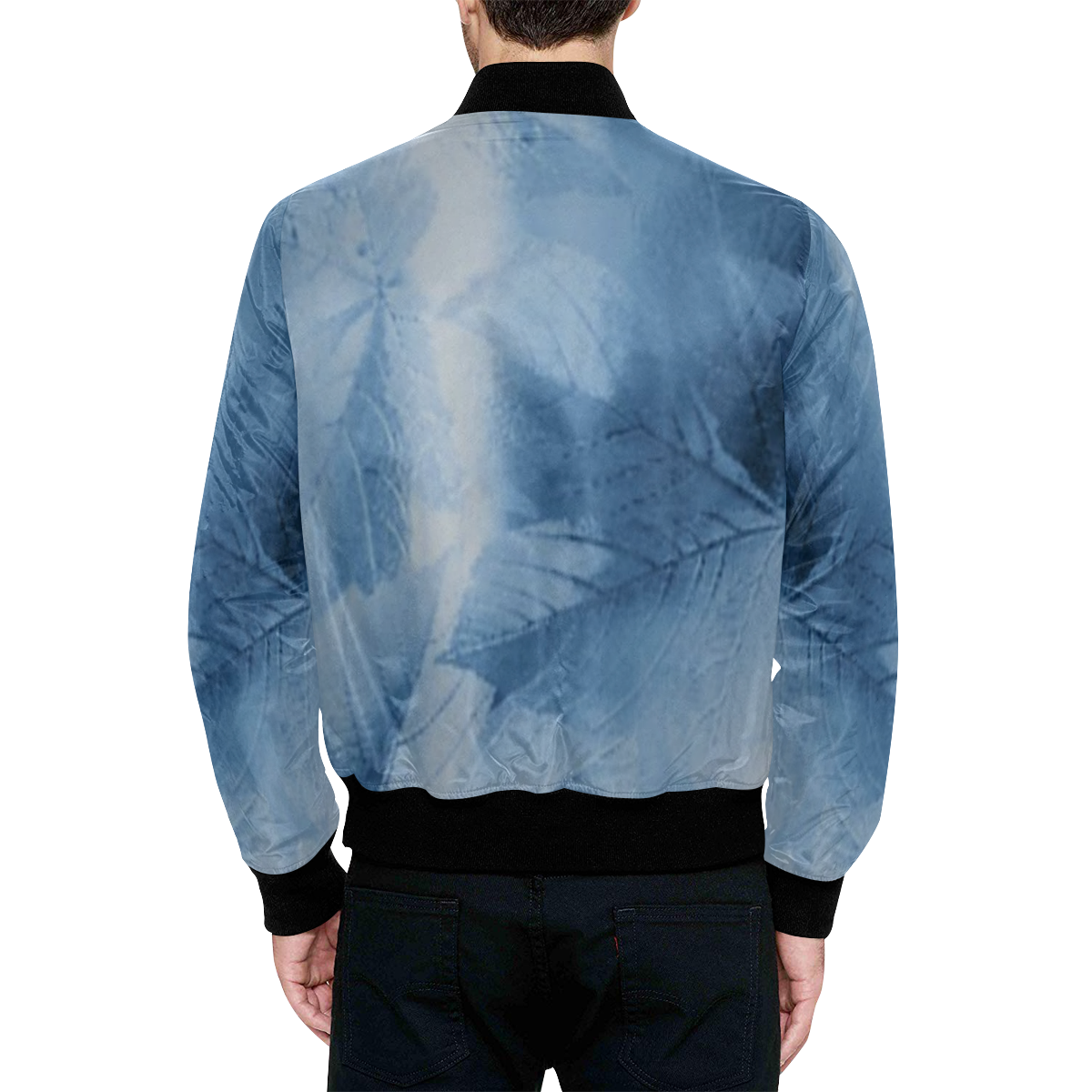 blue leaf print All Over Print Quilted Bomber Jacket for Men (Model H33)