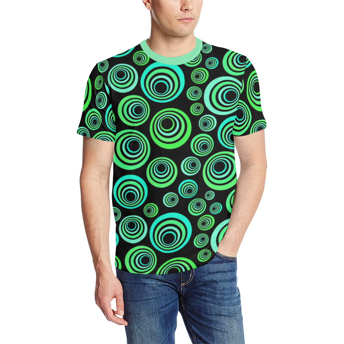 Crazy Fun Neon Blue & Green retro pattern Men's All Over Print T-Shirt (Solid Color Neck) (Model T63)