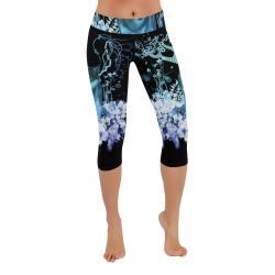 Awesome wolf with flowers Women's Low Rise Capri Leggings (Invisible Stitch) (Model L08)