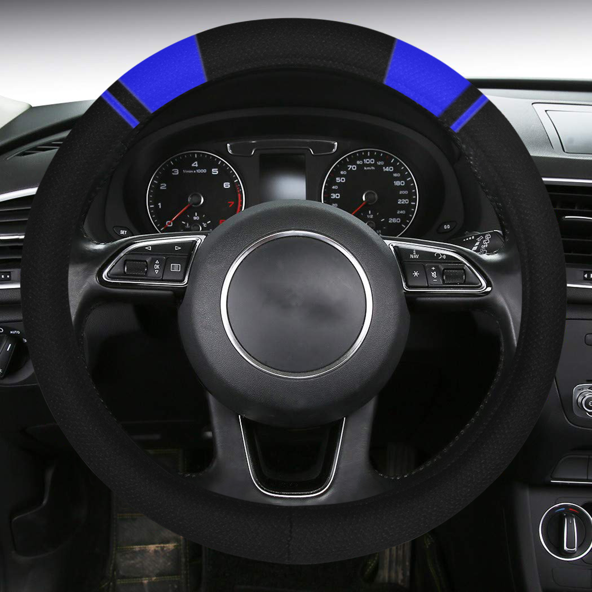 Race Car Stripes Black and Blue Steering Wheel Cover with Anti-Slip Insert