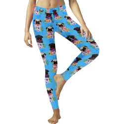 Pugs In Flowers Women's Low Rise Leggings (Invisible Stitch) (Model L05)