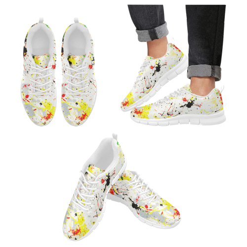 Yellow & Black Paint Splatter- White Men's Breathable Running Shoes (Model 055)