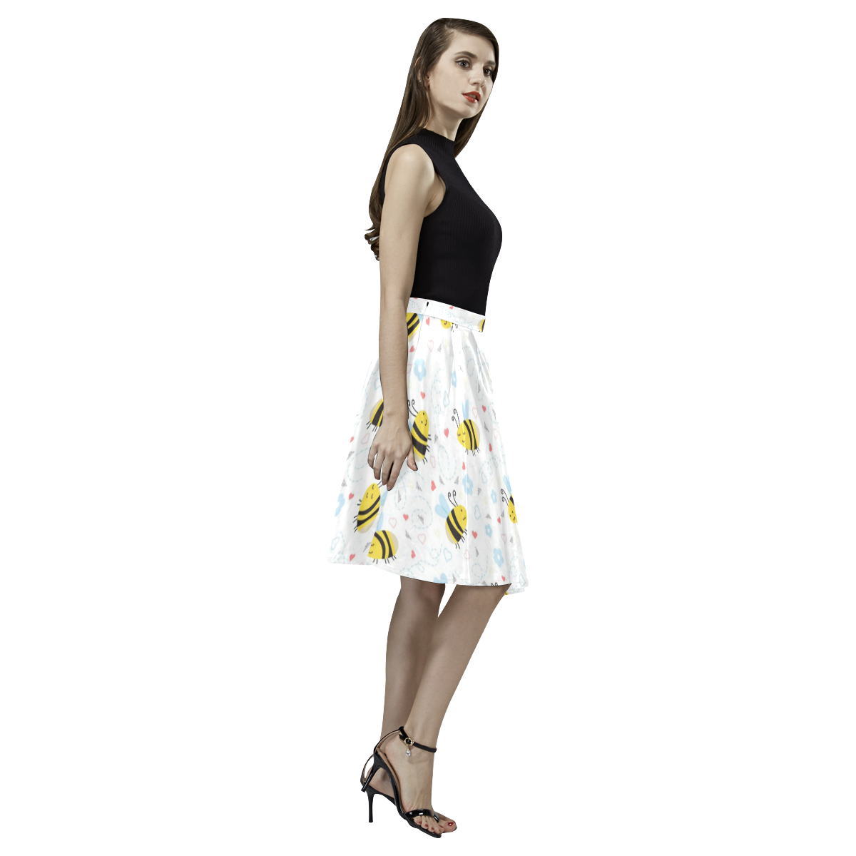 Cute Bee Pattern Melete Pleated Midi Skirt (Model D15)