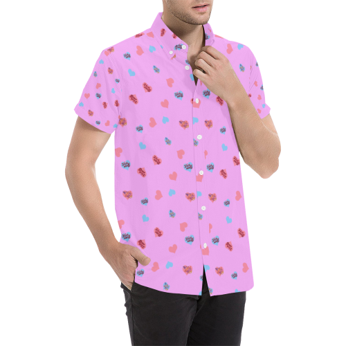 Pink-Blue Hearts-Wild Thing-Hot Stuff on Pink Men's All Over Print Short Sleeve Shirt (Model T53)