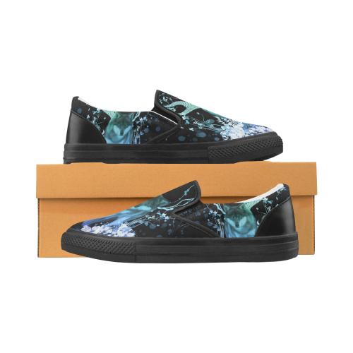 Awesome wolf with flowers Women's Slip-on Canvas Shoes (Model 019)