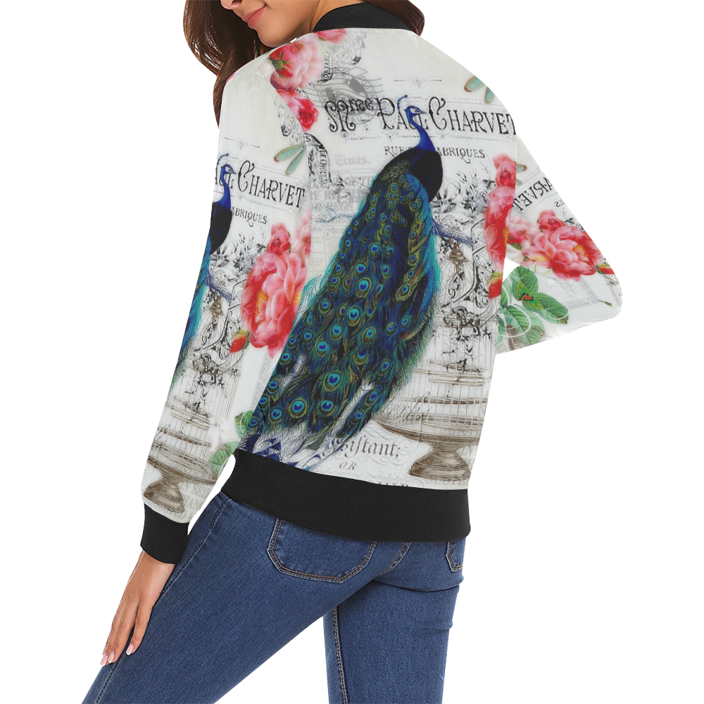 peacock and roses All Over Print Bomber Jacket for Women (Model H19)