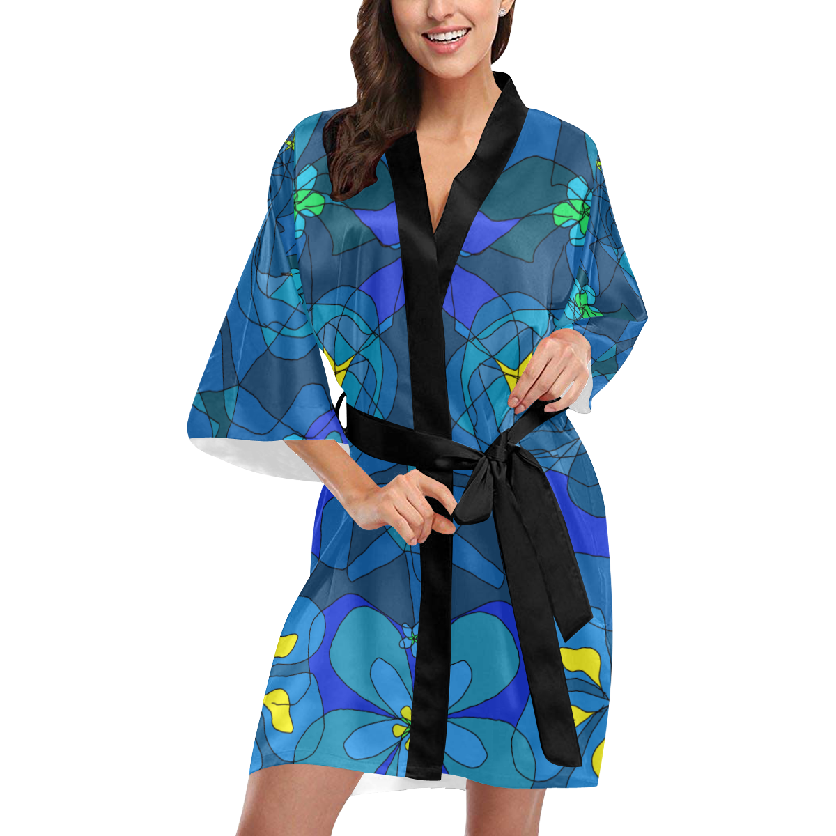 Abstract Blue Floral Design 2020 Kimono Robe