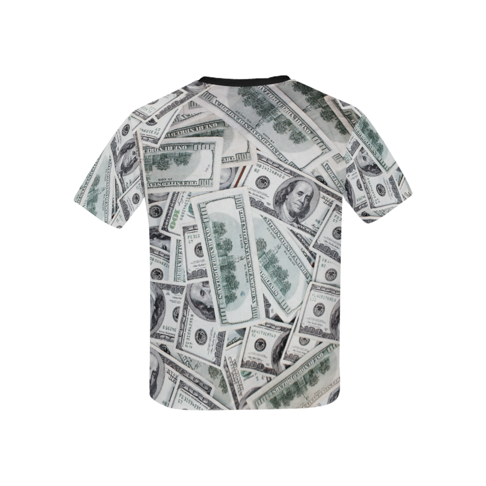 Cash Money / Hundred Dollar Bills Black Trim Kids' All Over Print T-Shirt with Solid Color Neck (Model T40)