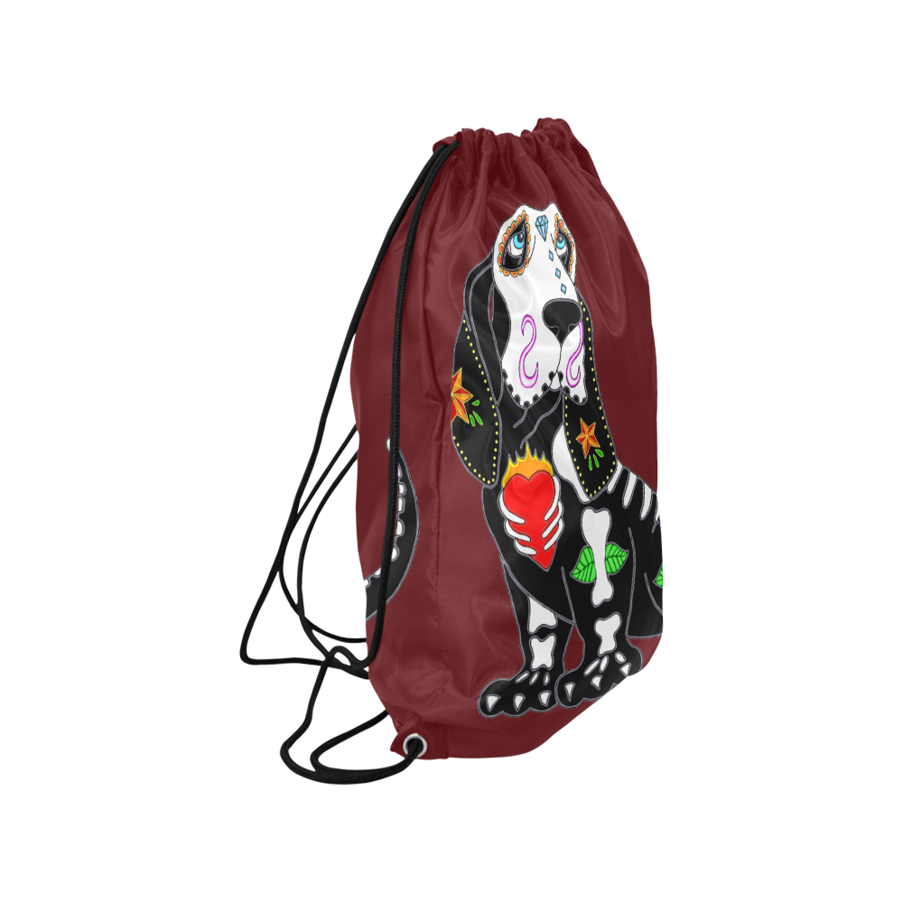 Basset Hound Sugar Skull Burgundy Medium Drawstring Bag Model 1604 (Twin Sides) 13.8"(W) * 18.1"(H)