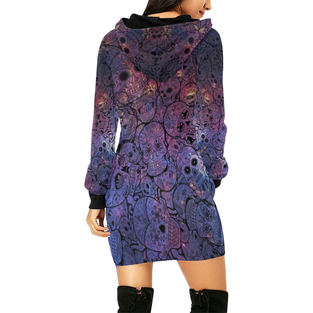 Cosmic Sugar Skulls All Over Print Hoodie Mini Dress (Model H27)