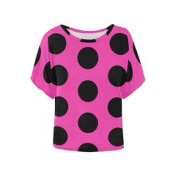 black polka dots Women's Batwing-Sleeved Blouse T shirt (Model T44)