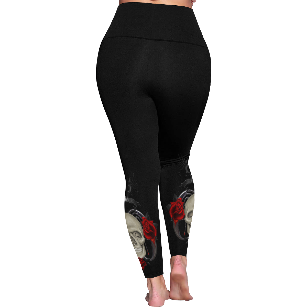 Gothic Skull With Raven And Roses Women's Plus Size High Waist Leggings (Model L44)