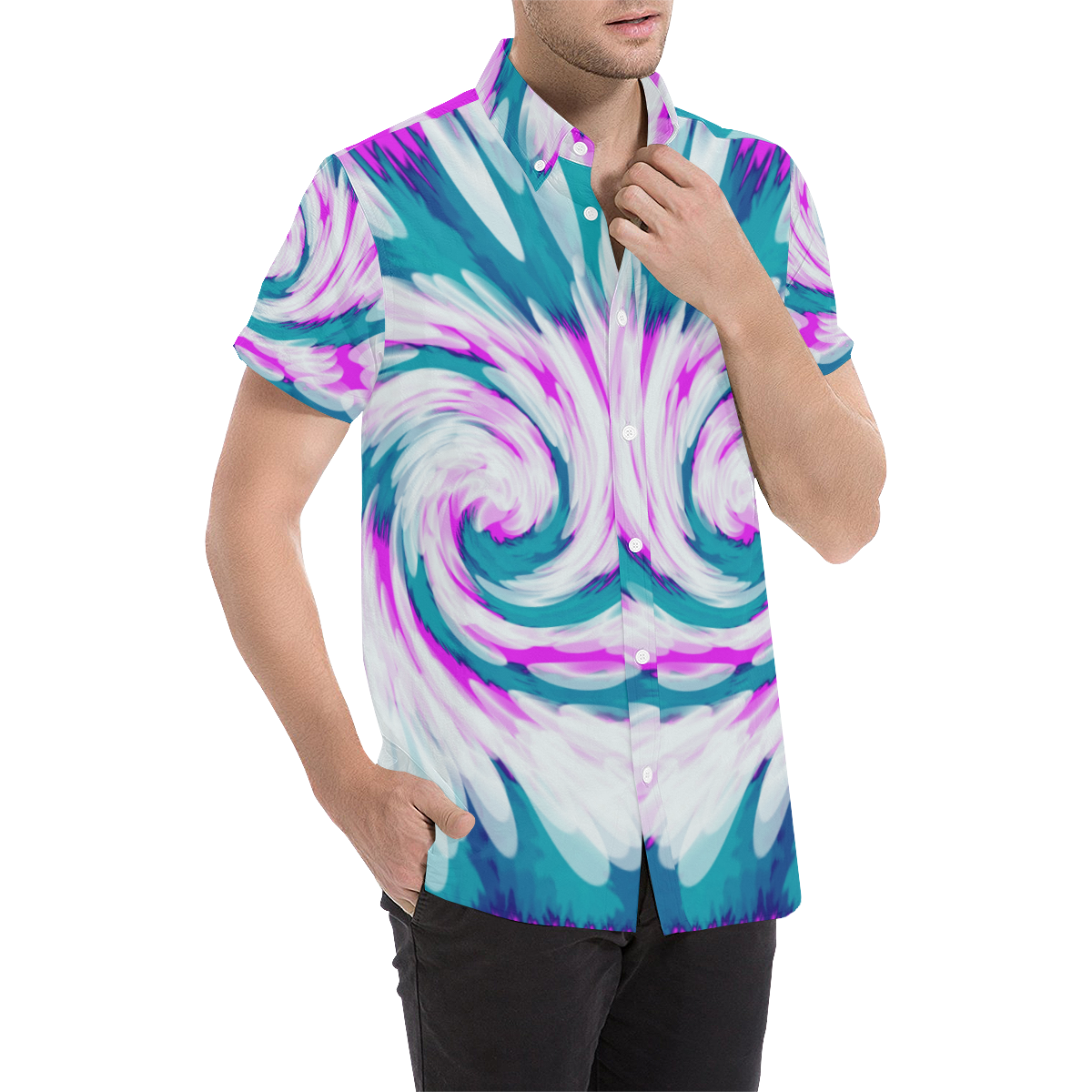 Turquoise Pink Tie Dye Swirl Abstract Men's All Over Print Short Sleeve Shirt (Model T53)