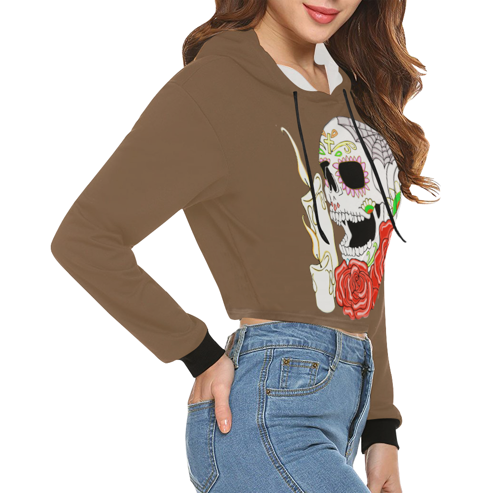 Day Of The Dead Sugar Skull Brown All Over Print Crop Hoodie for Women (Model H22)