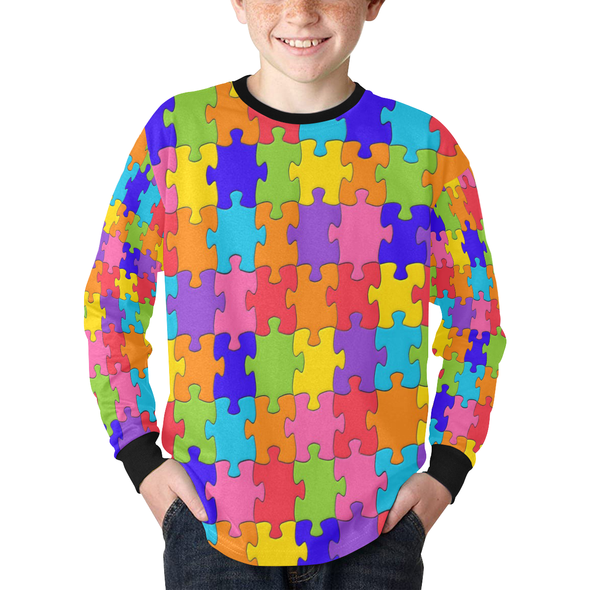 Multicolored Jigsaw Puzzle Kids' Rib Cuff Long Sleeve T-shirt (Model T64)