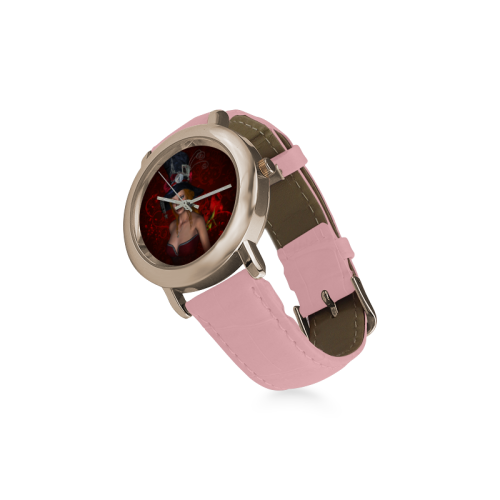 Beautiful steampunk lady, awesome hat Women's Rose Gold Leather Strap Watch(Model 201)