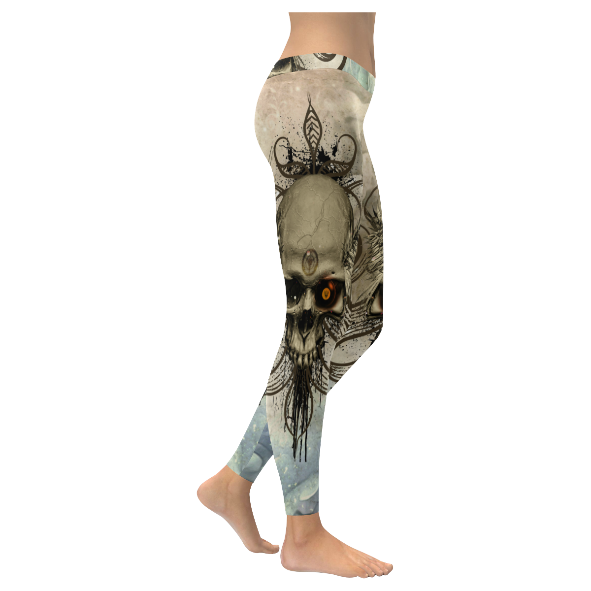 Creepy skull, vintage background Women's Low Rise Leggings (Invisible Stitch) (Model L05)