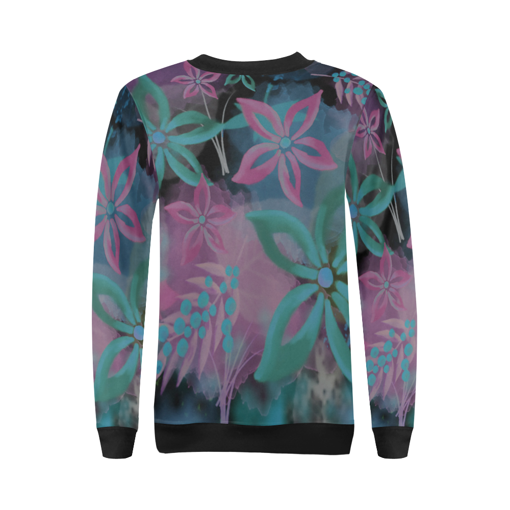 Flower Pattern - black, teal green, purple, pink All Over Print Crewneck Sweatshirt for Women (Model H18)