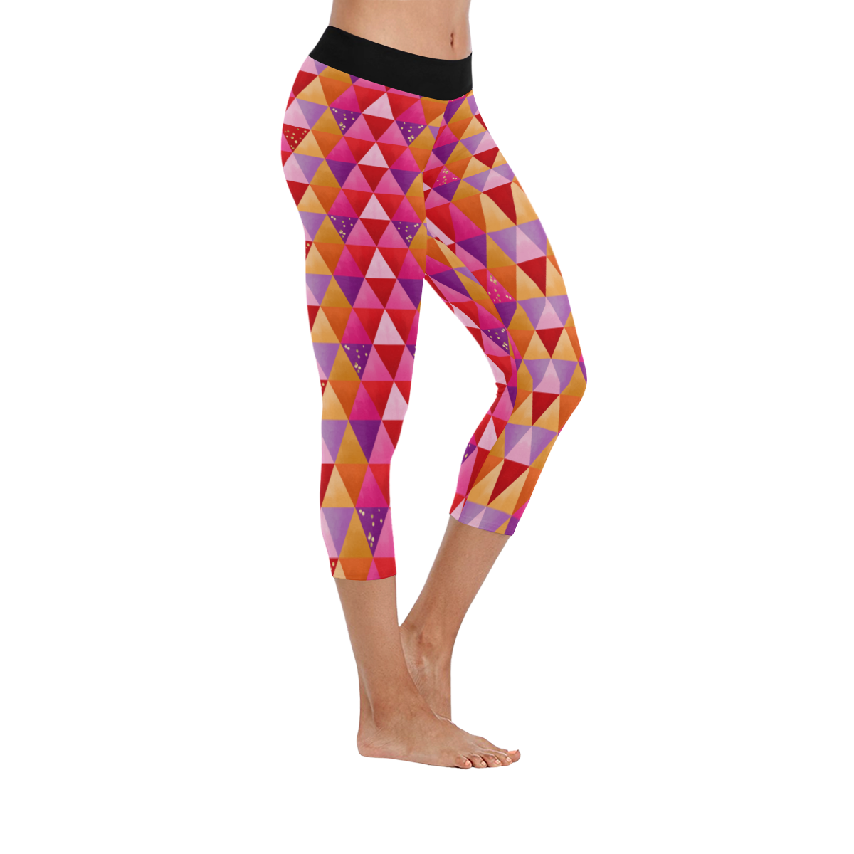 Triangle Pattern - Red Purple Pink Orange Yellow Women's Low Rise Capri Leggings (Invisible Stitch) (Model L08)