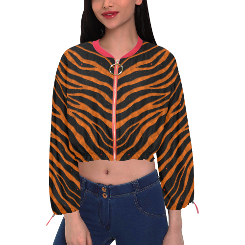 Ripped SpaceTime Stripes - Orange Cropped Chiffon Jacket for Women (Model H30)
