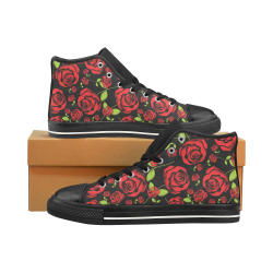 Red Roses on Black Men’s Classic High Top Canvas Shoes /Large Size (Model 017)