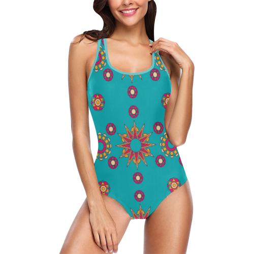 Abstract Floral Mandala Vest One Piece Swimsuit (Model S04)