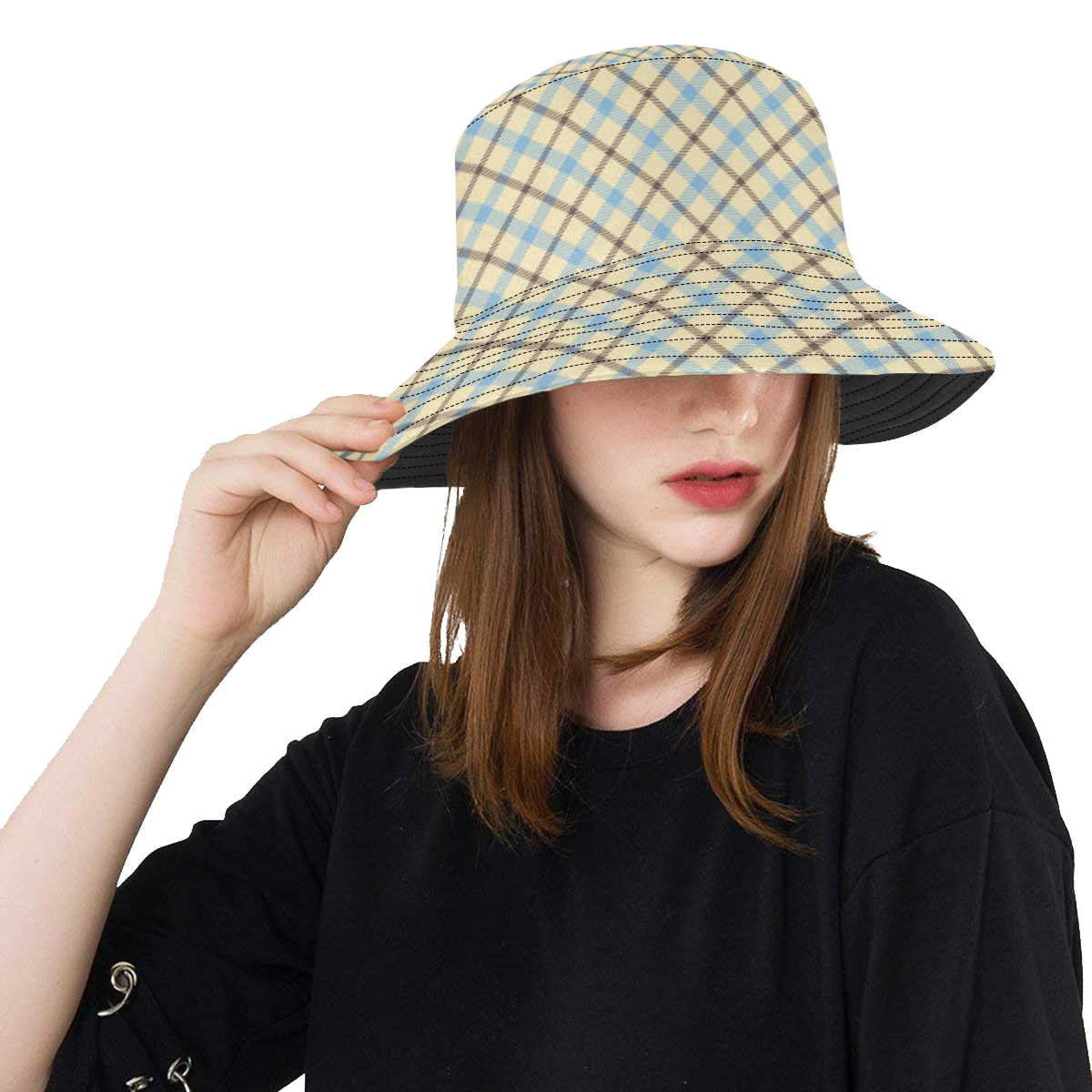 Plaid 2 plain tartan in cream, brown and blue All Over Print Bucket Hat