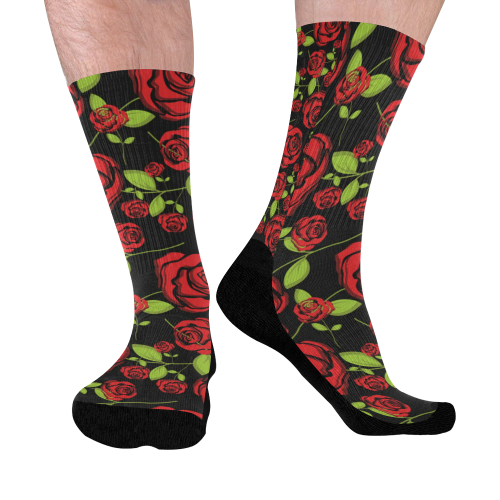 Red Roses on Black Mid-Calf Socks (Black Sole)