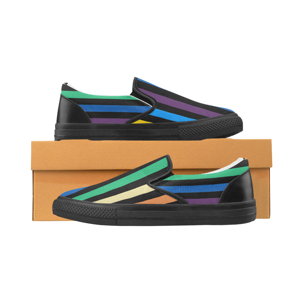 Rainbow Stripes with Black Men's Slip-on Canvas Shoes (Model 019)