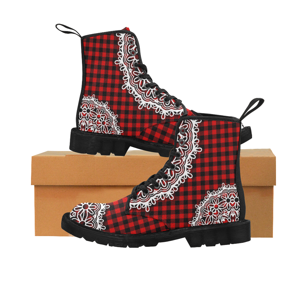 Red Buffalo Plaid And Lace Martin Boots for Women (Black) (Model 1203H)