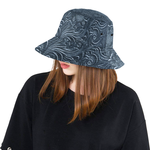Embossed Blue Flowers All Over Print Bucket Hat