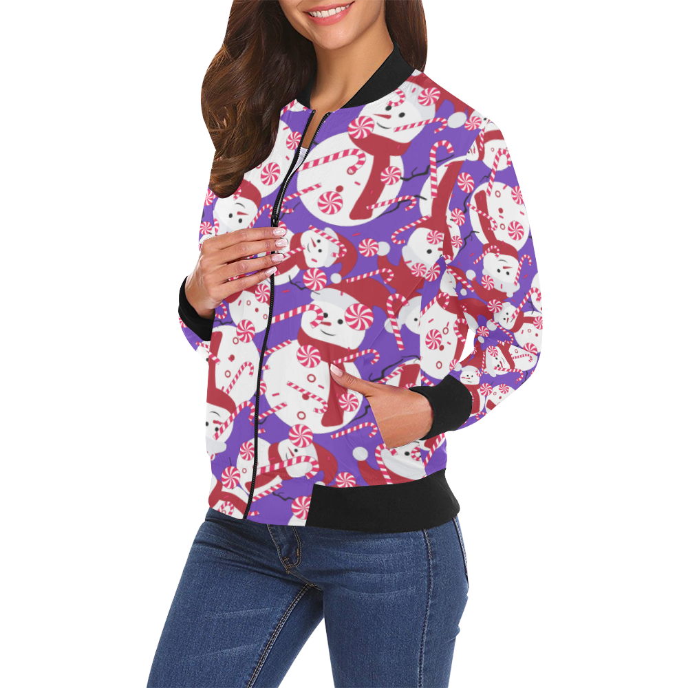 Candy Cane Santa Christmas Party PURPLE All Over Print Bomber Jacket for Women (Model H19)