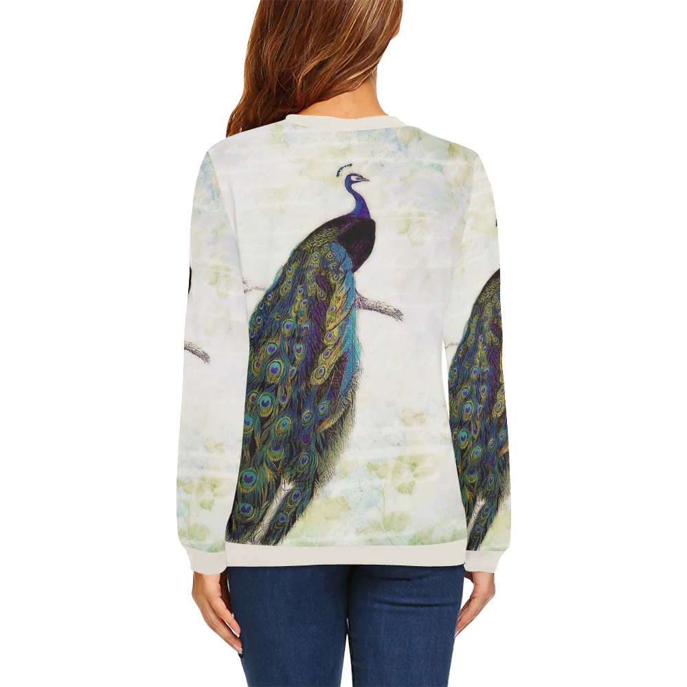 blue peacock and hydrangea All Over Print Crewneck Sweatshirt for Women (Model H18)