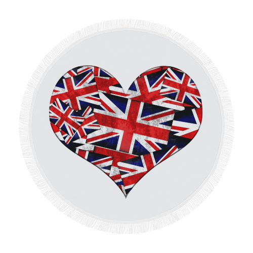 Union Jack British UK Flag Heart White Circular Beach Shawl 59"x 59"